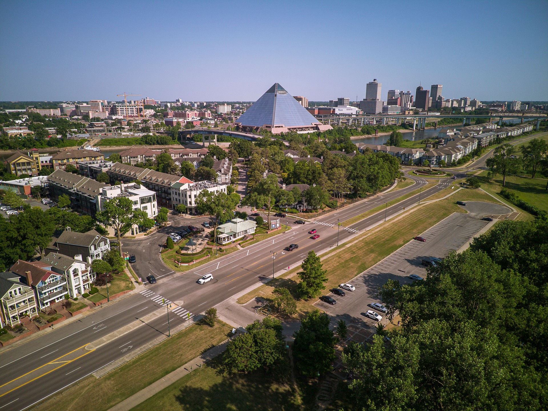 Aerial view of Harbor Town cityscape with residential district. Memphis Pyramid view to Downtown business district, Memphis, TN